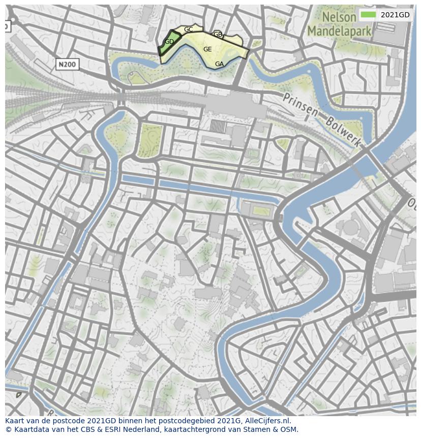 Afbeelding van het postcodegebied 2021 GD op de kaart.