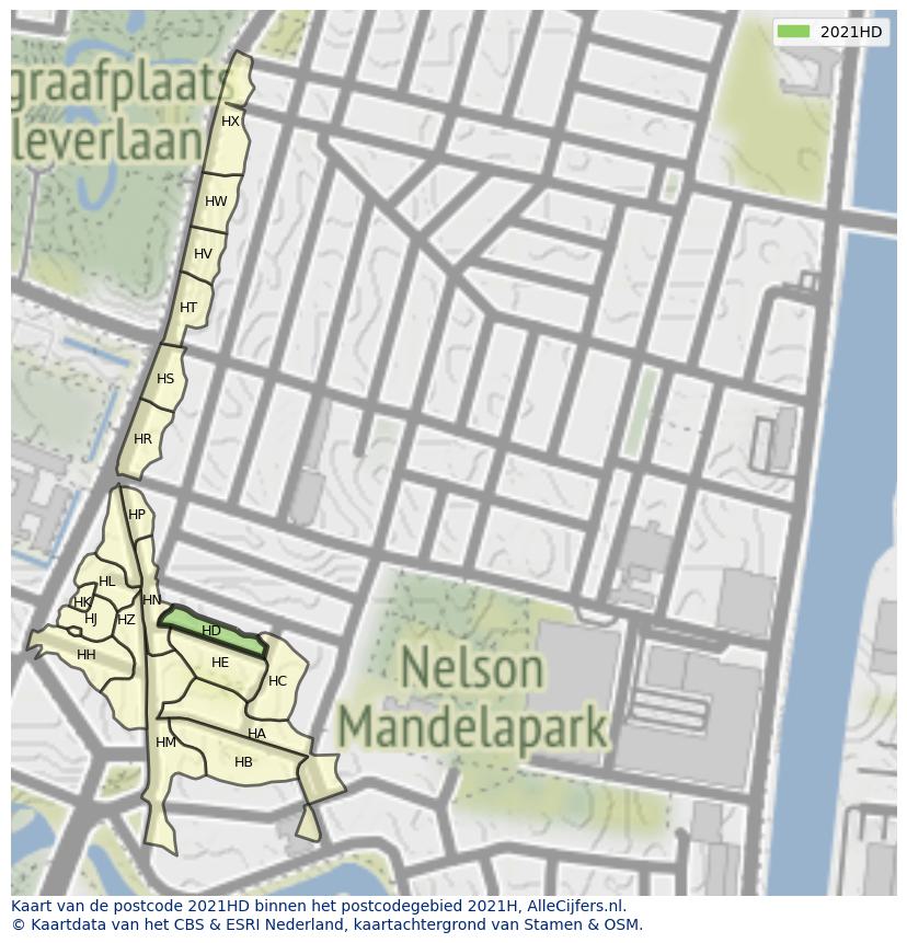 Afbeelding van het postcodegebied 2021 HD op de kaart.