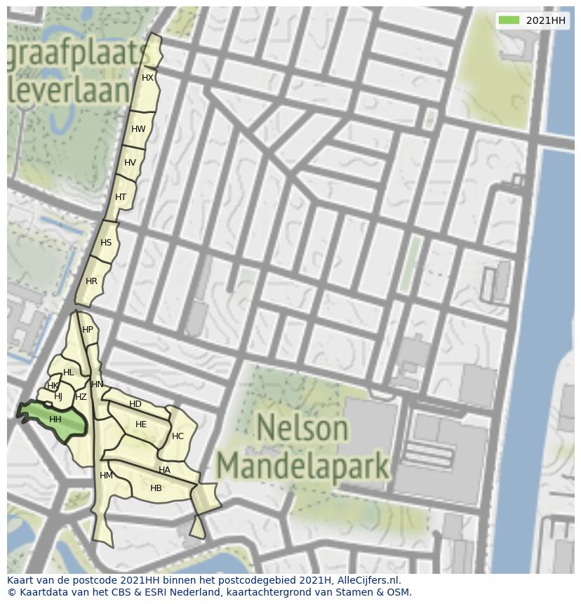 Afbeelding van het postcodegebied 2021 HH op de kaart.