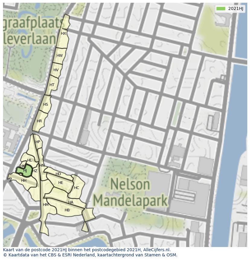 Afbeelding van het postcodegebied 2021 HJ op de kaart.