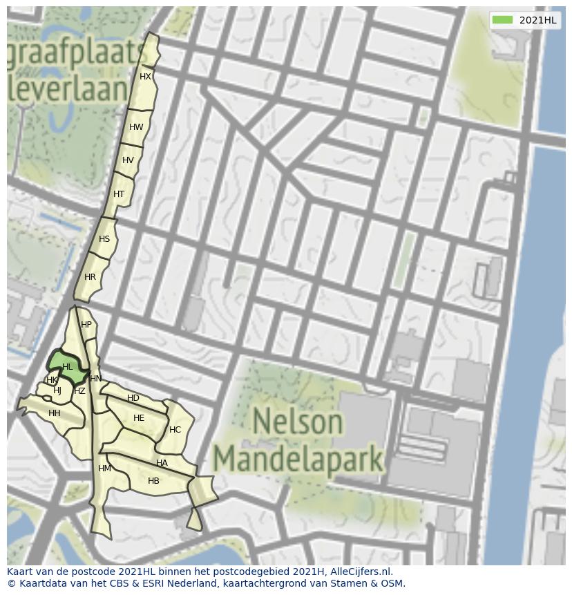 Afbeelding van het postcodegebied 2021 HL op de kaart.
