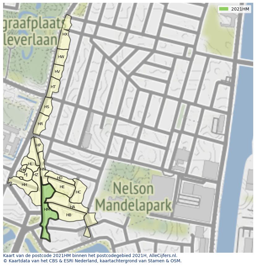 Afbeelding van het postcodegebied 2021 HM op de kaart.