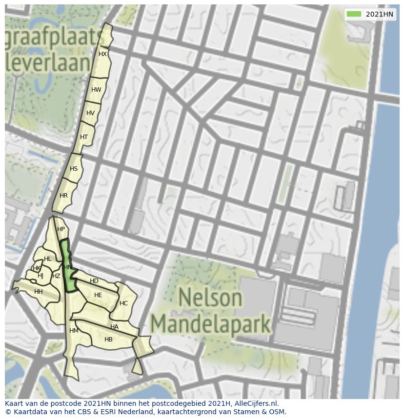 Afbeelding van het postcodegebied 2021 HN op de kaart.
