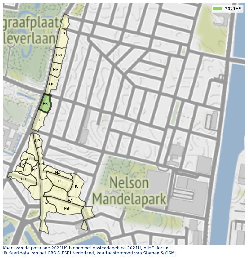 Afbeelding van het postcodegebied 2021 HS op de kaart.