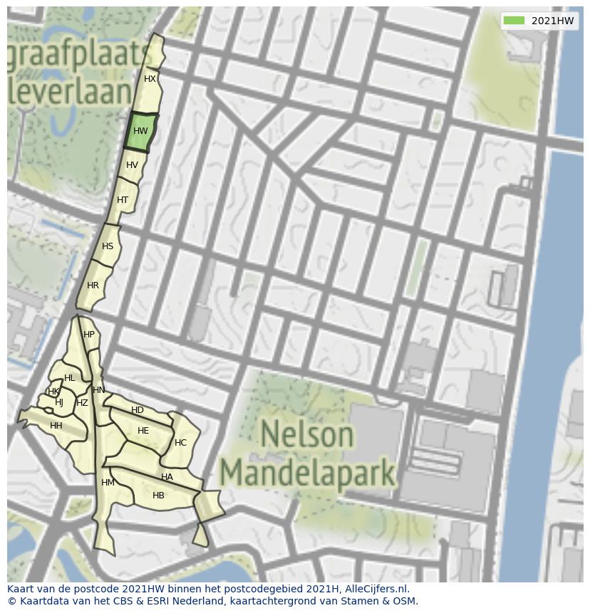 Afbeelding van het postcodegebied 2021 HW op de kaart.