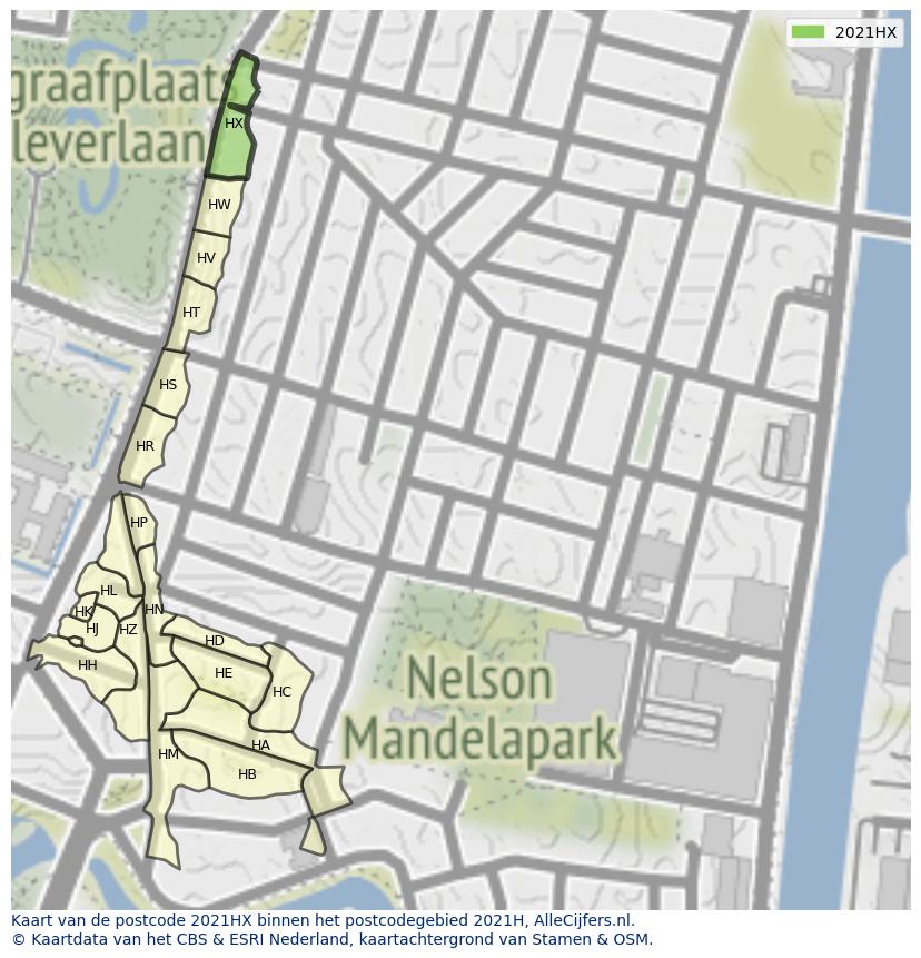 Afbeelding van het postcodegebied 2021 HX op de kaart.