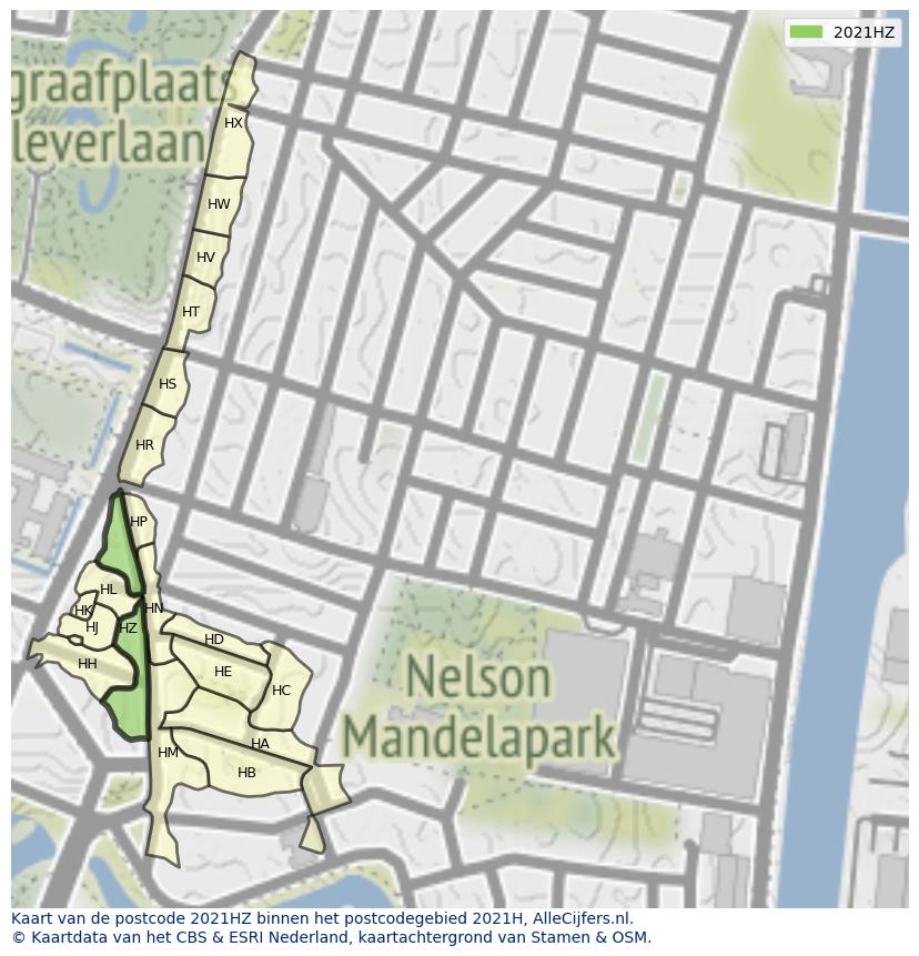Afbeelding van het postcodegebied 2021 HZ op de kaart.
