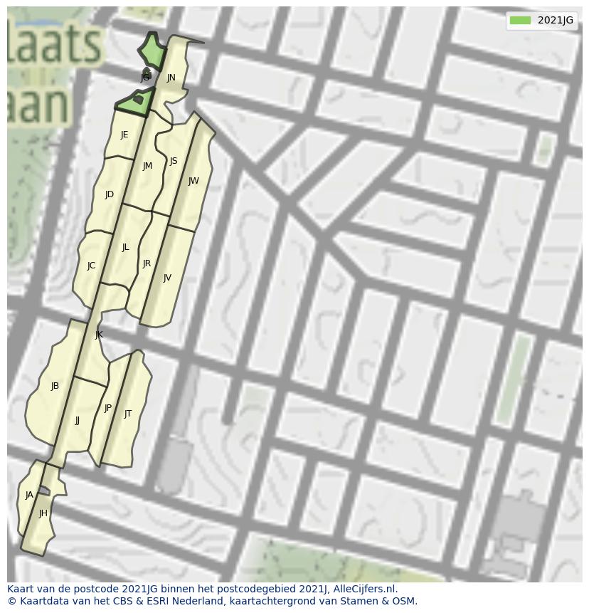 Afbeelding van het postcodegebied 2021 JG op de kaart.