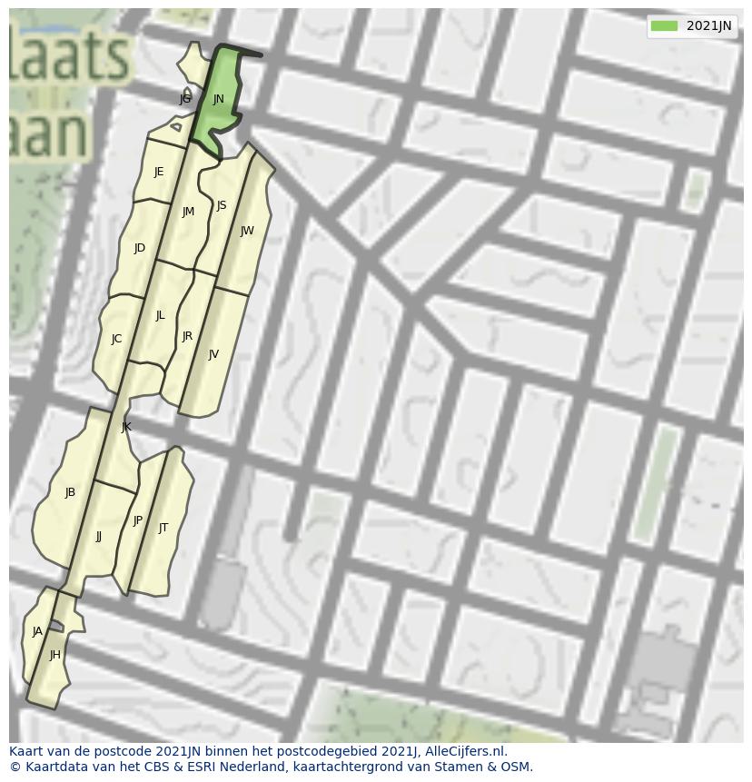 Afbeelding van het postcodegebied 2021 JN op de kaart.