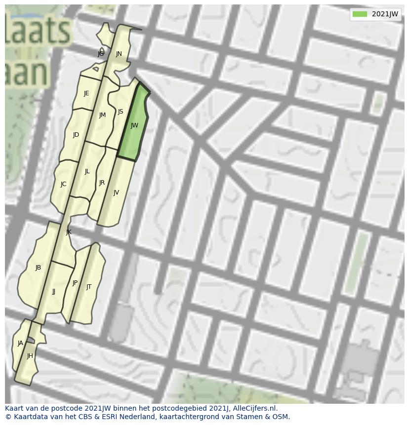 Afbeelding van het postcodegebied 2021 JW op de kaart.
