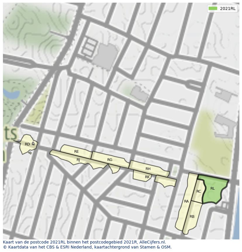 Afbeelding van het postcodegebied 2021 RL op de kaart.