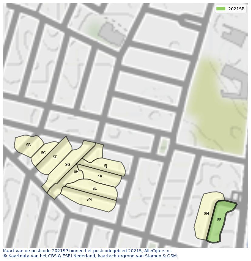 Afbeelding van het postcodegebied 2021 SP op de kaart.