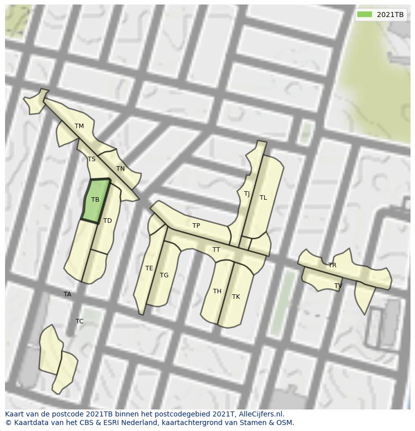 Afbeelding van het postcodegebied 2021 TB op de kaart.