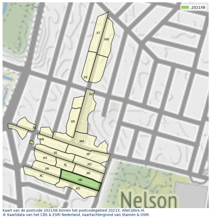 Afbeelding van het postcodegebied 2021 XB op de kaart.
