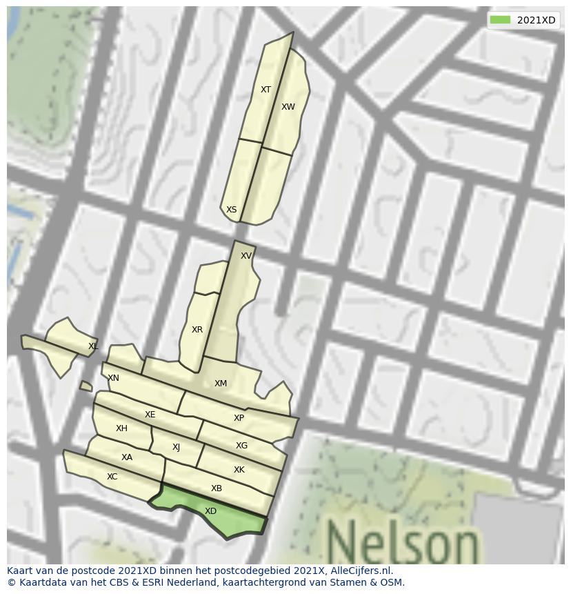 Afbeelding van het postcodegebied 2021 XD op de kaart.