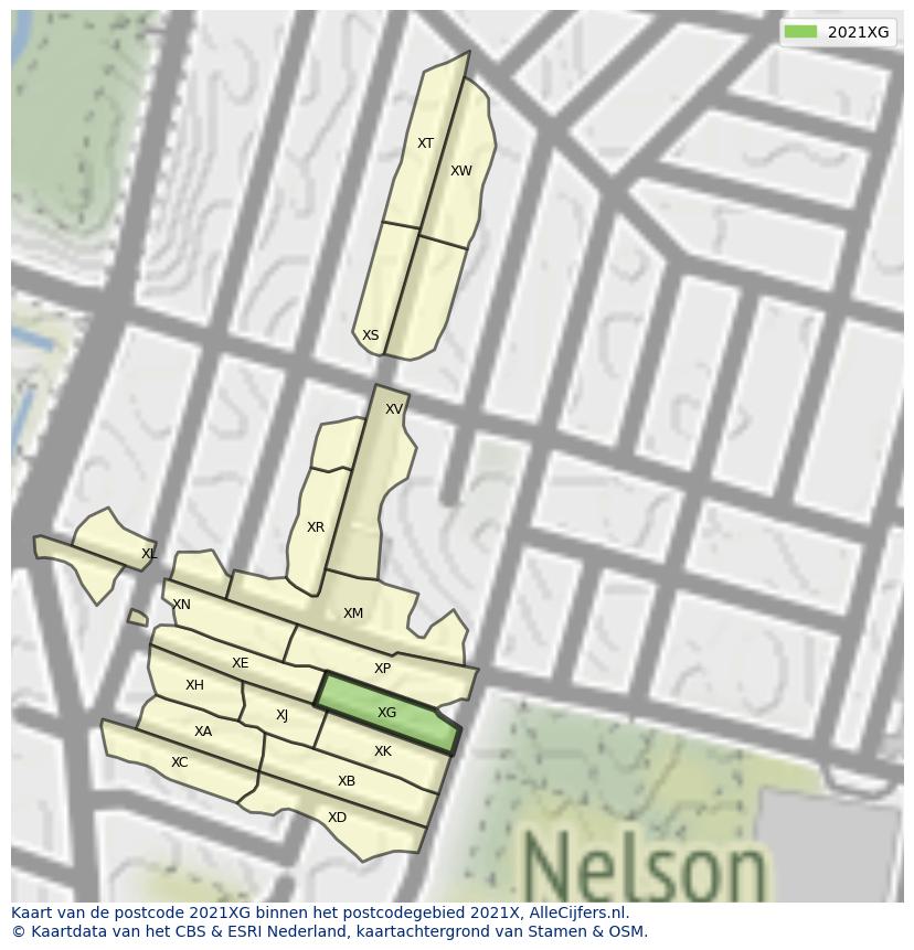 Afbeelding van het postcodegebied 2021 XG op de kaart.