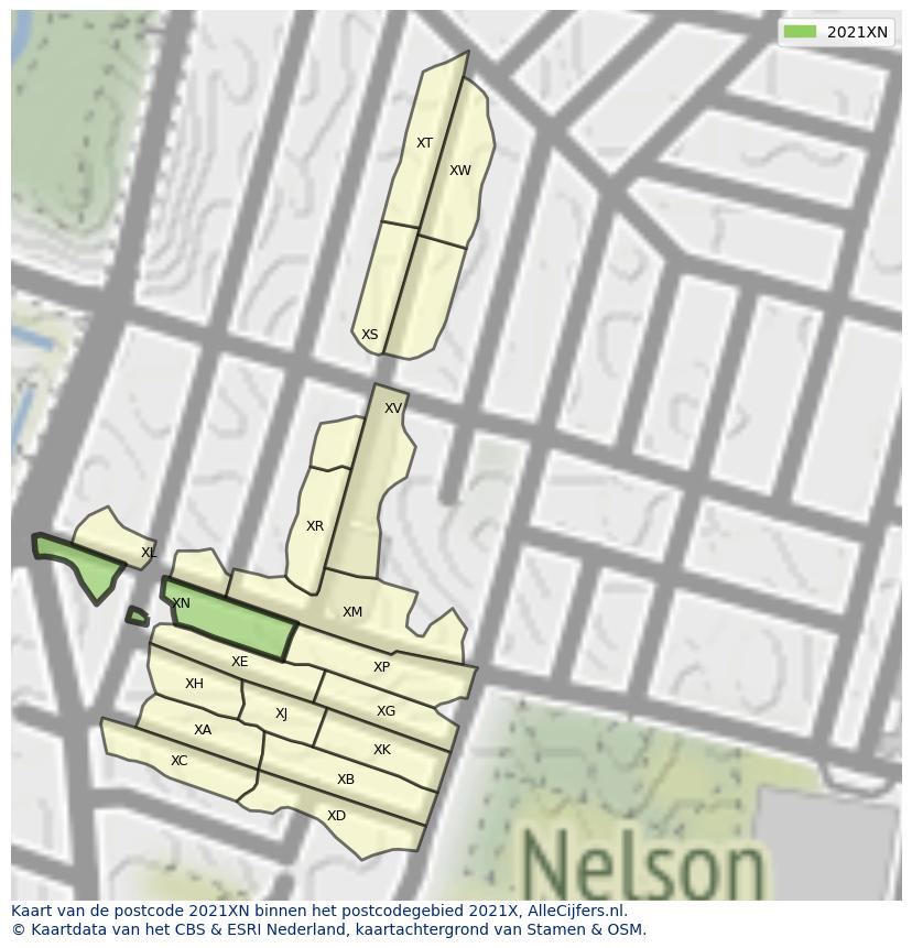 Afbeelding van het postcodegebied 2021 XN op de kaart.