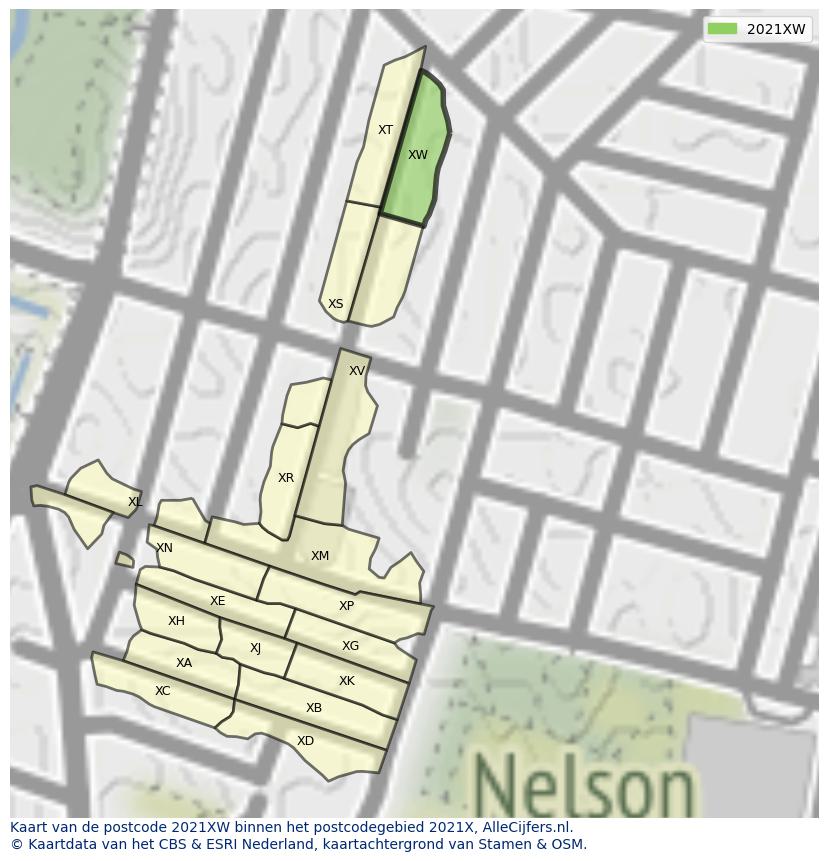 Afbeelding van het postcodegebied 2021 XW op de kaart.