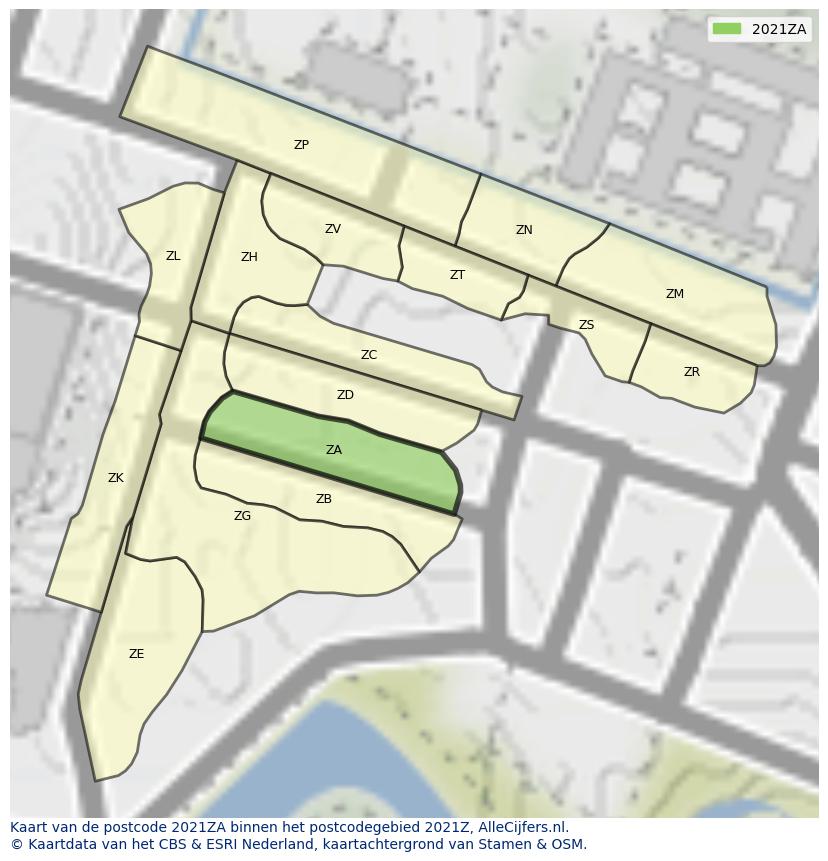 Afbeelding van het postcodegebied 2021 ZA op de kaart.