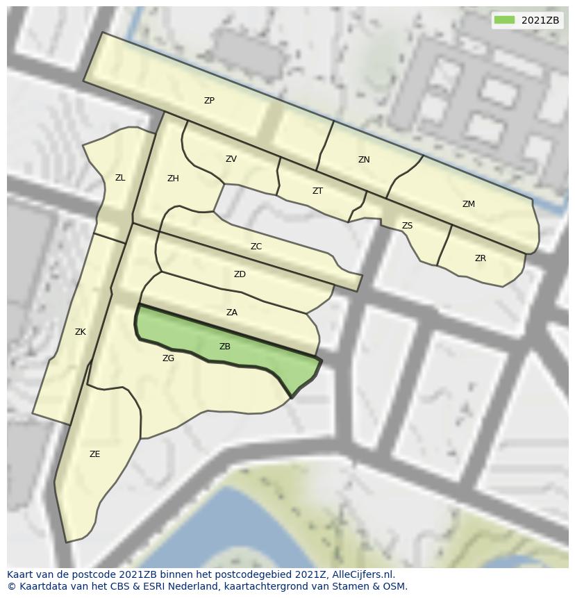 Afbeelding van het postcodegebied 2021 ZB op de kaart.