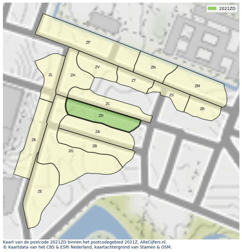 Afbeelding van het postcodegebied 2021 ZD op de kaart.