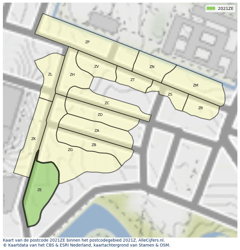 Afbeelding van het postcodegebied 2021 ZE op de kaart.