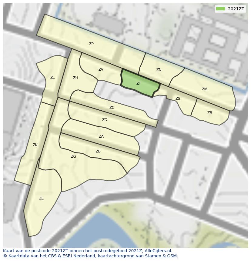 Afbeelding van het postcodegebied 2021 ZT op de kaart.