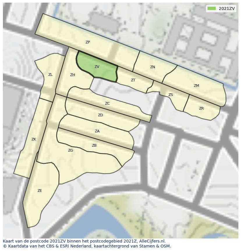 Afbeelding van het postcodegebied 2021 ZV op de kaart.
