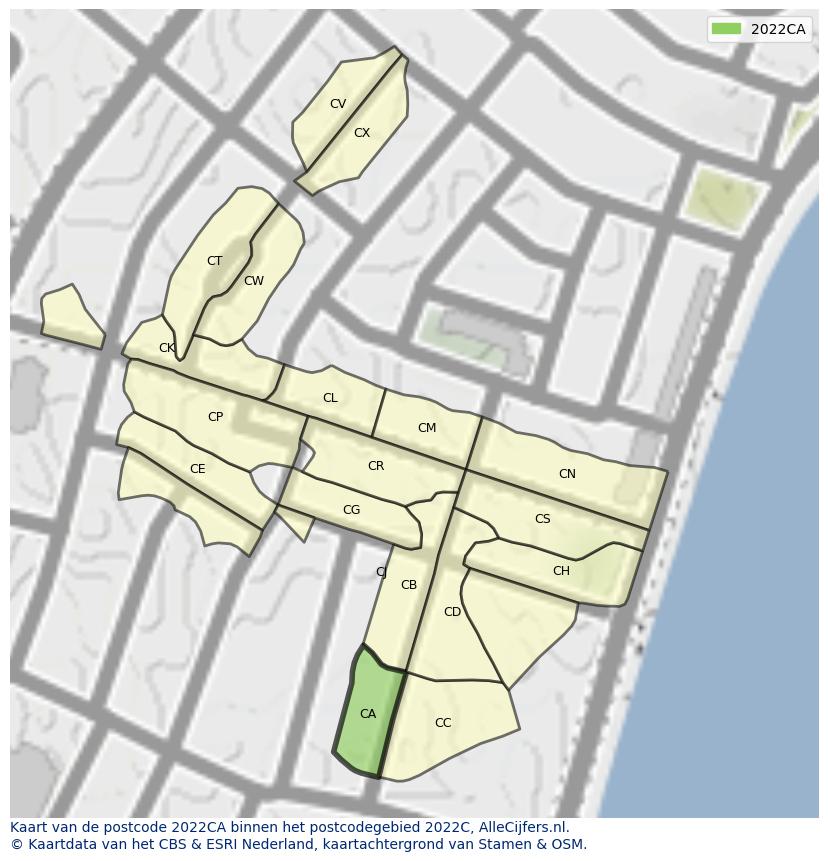 Afbeelding van het postcodegebied 2022 CA op de kaart.