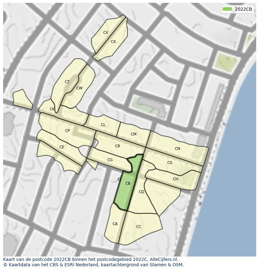 Afbeelding van het postcodegebied 2022 CB op de kaart.