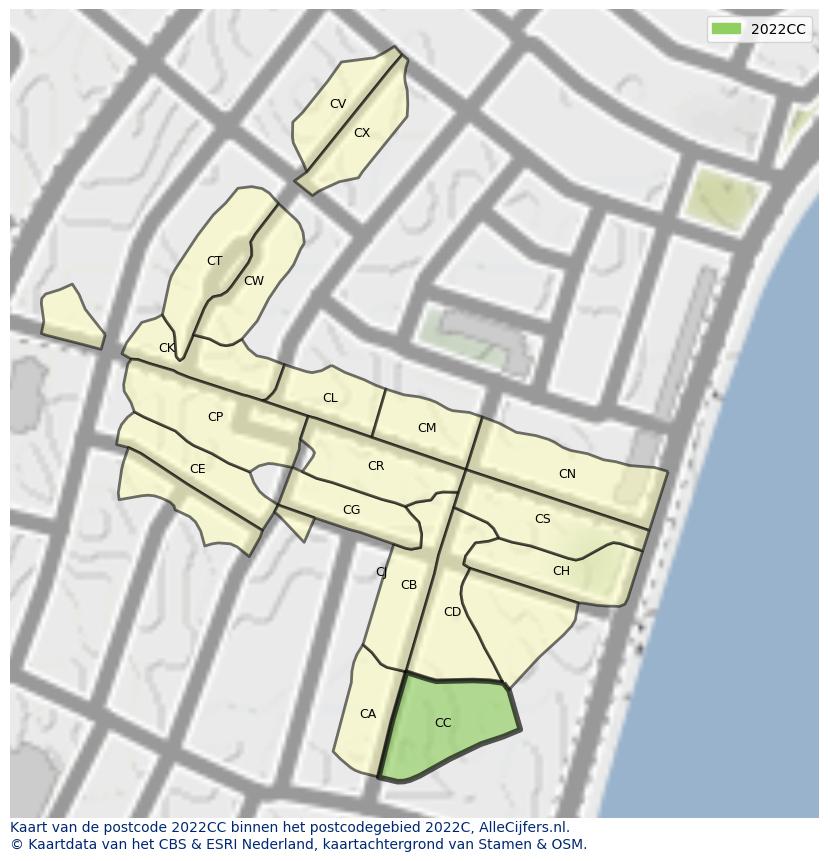 Afbeelding van het postcodegebied 2022 CC op de kaart.
