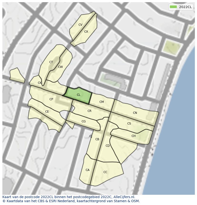 Afbeelding van het postcodegebied 2022 CL op de kaart.