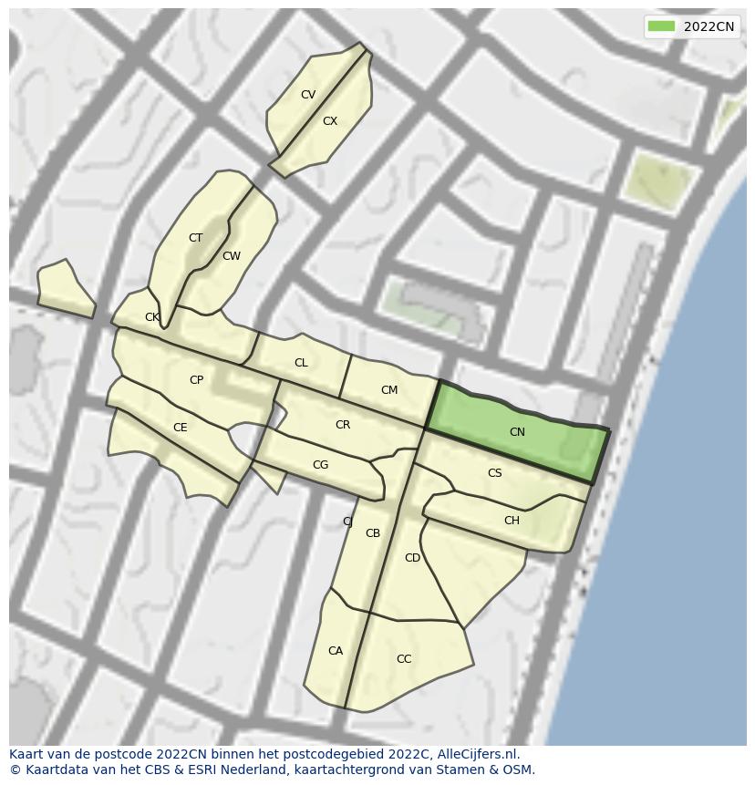 Afbeelding van het postcodegebied 2022 CN op de kaart.