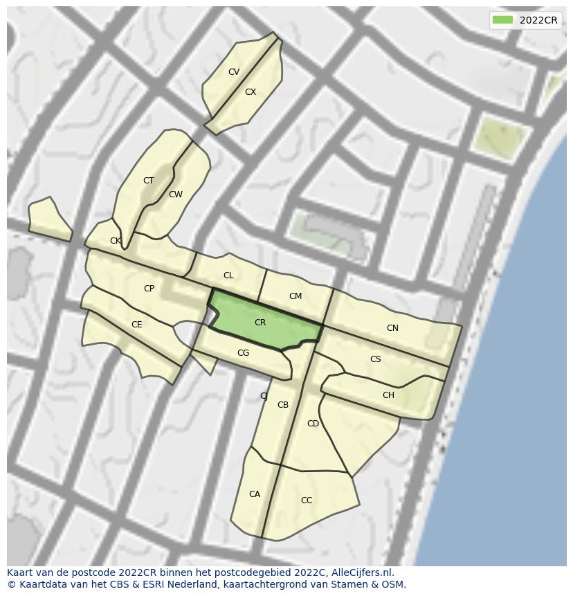 Afbeelding van het postcodegebied 2022 CR op de kaart.