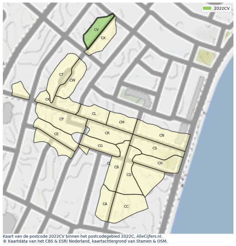 Afbeelding van het postcodegebied 2022 CV op de kaart.