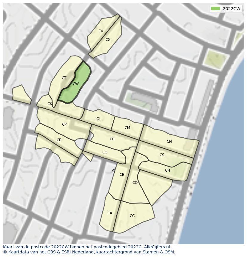 Afbeelding van het postcodegebied 2022 CW op de kaart.