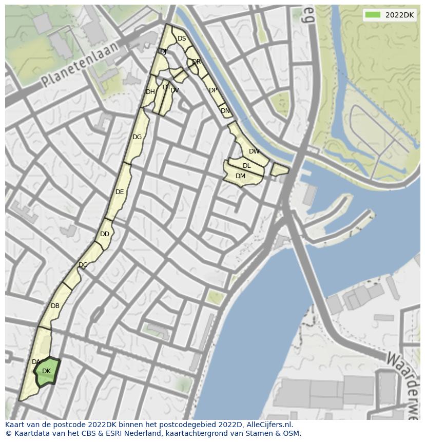 Afbeelding van het postcodegebied 2022 DK op de kaart.