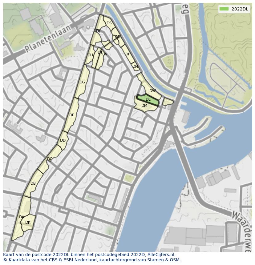 Afbeelding van het postcodegebied 2022 DL op de kaart.