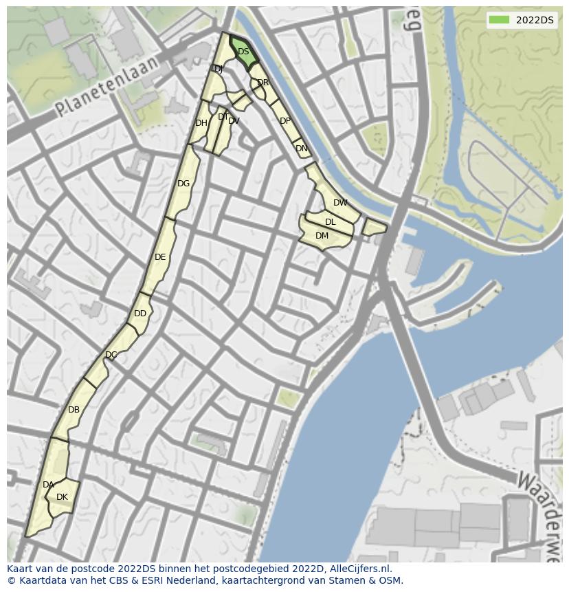 Afbeelding van het postcodegebied 2022 DS op de kaart.