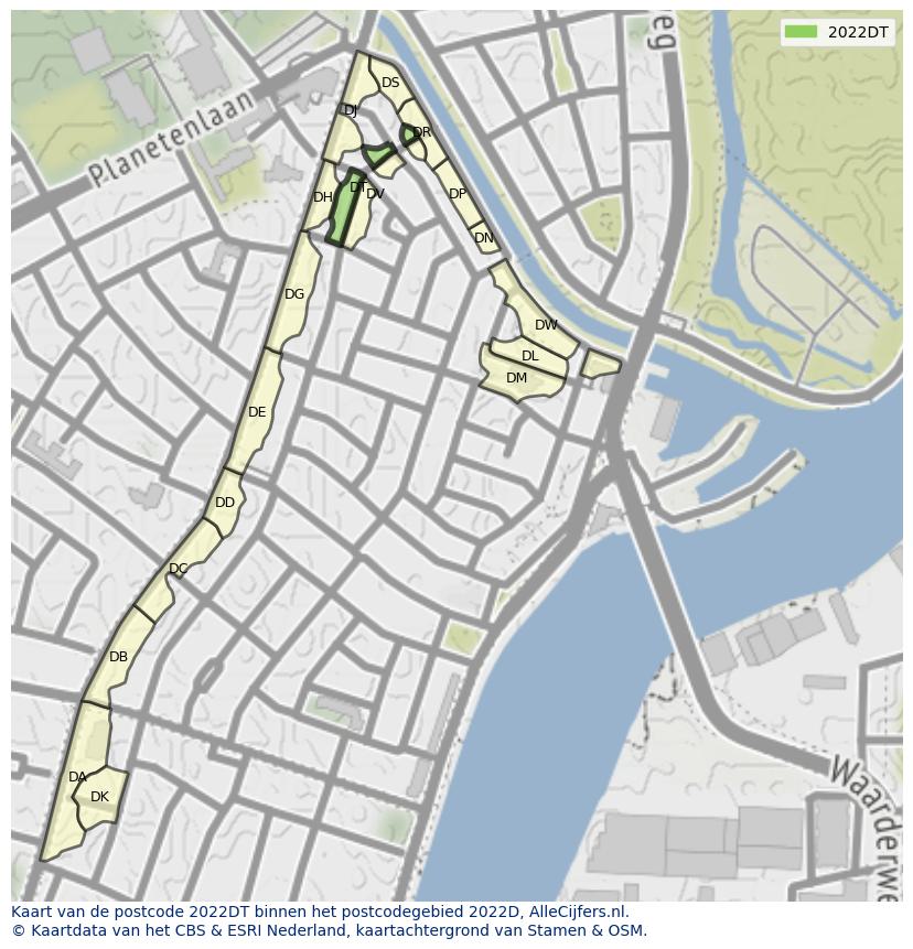 Afbeelding van het postcodegebied 2022 DT op de kaart.
