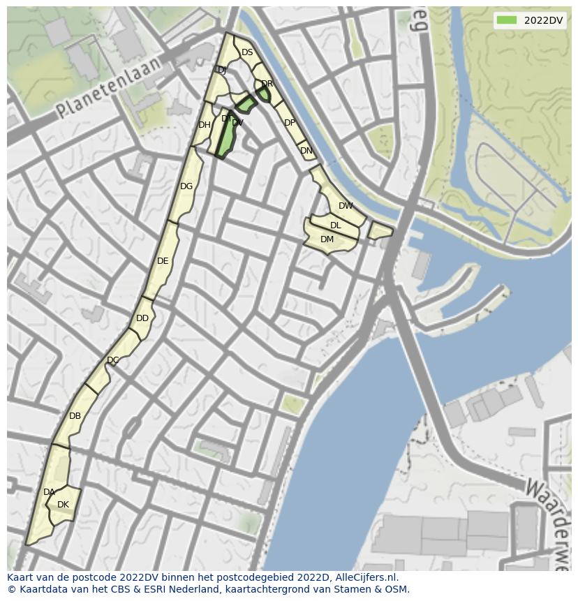Afbeelding van het postcodegebied 2022 DV op de kaart.