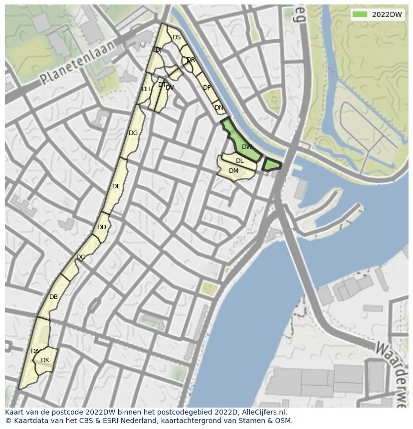 Afbeelding van het postcodegebied 2022 DW op de kaart.