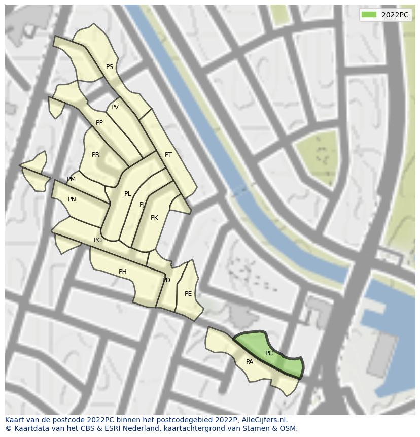 Afbeelding van het postcodegebied 2022 PC op de kaart.