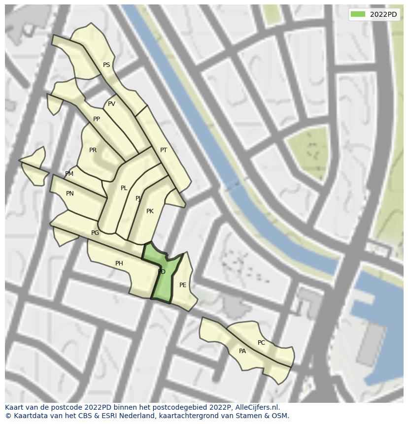 Afbeelding van het postcodegebied 2022 PD op de kaart.