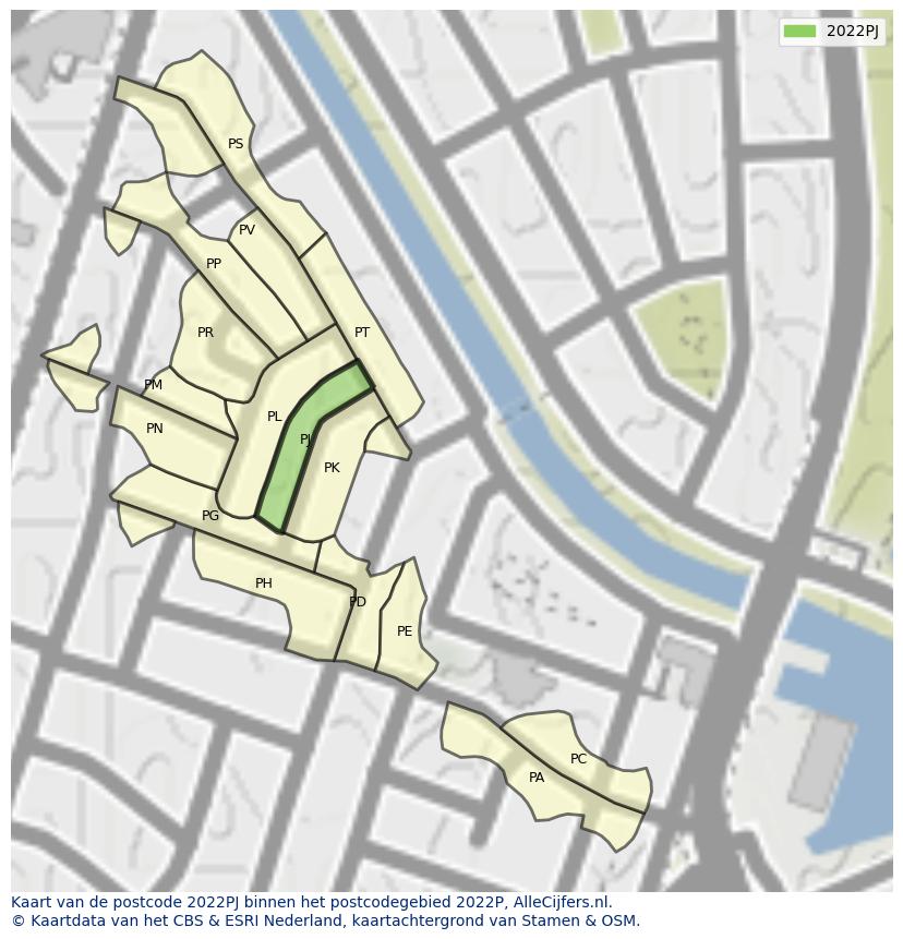 Afbeelding van het postcodegebied 2022 PJ op de kaart.