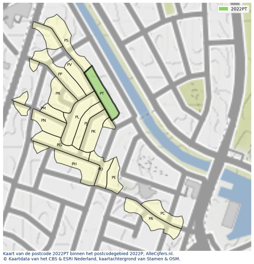 Afbeelding van het postcodegebied 2022 PT op de kaart.