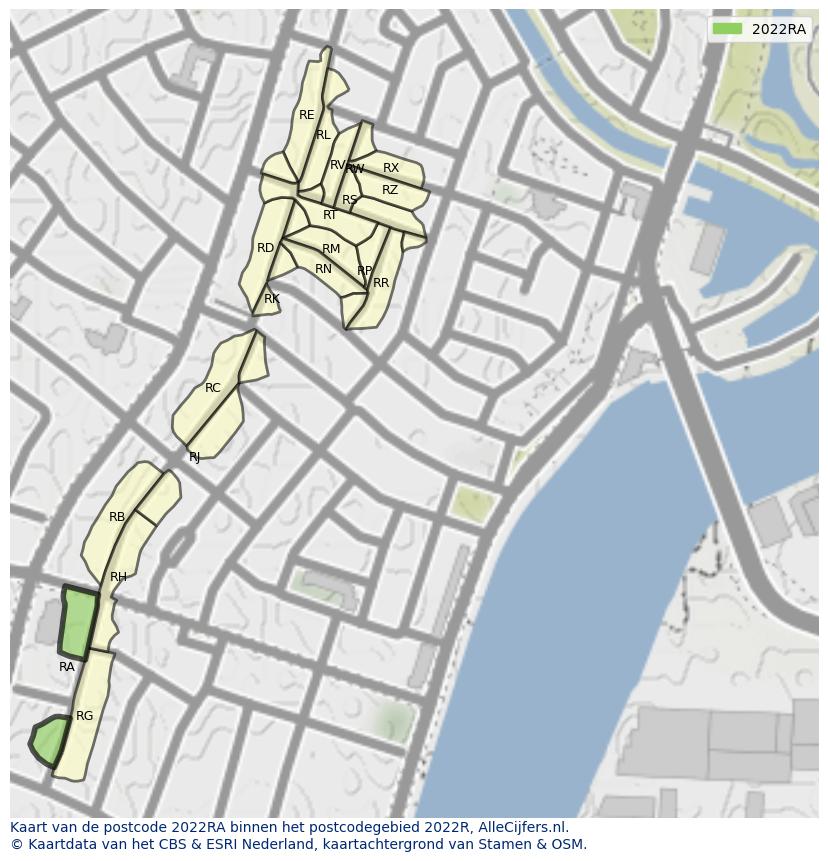 Afbeelding van het postcodegebied 2022 RA op de kaart.