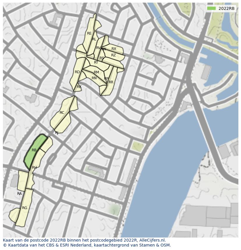 Afbeelding van het postcodegebied 2022 RB op de kaart.