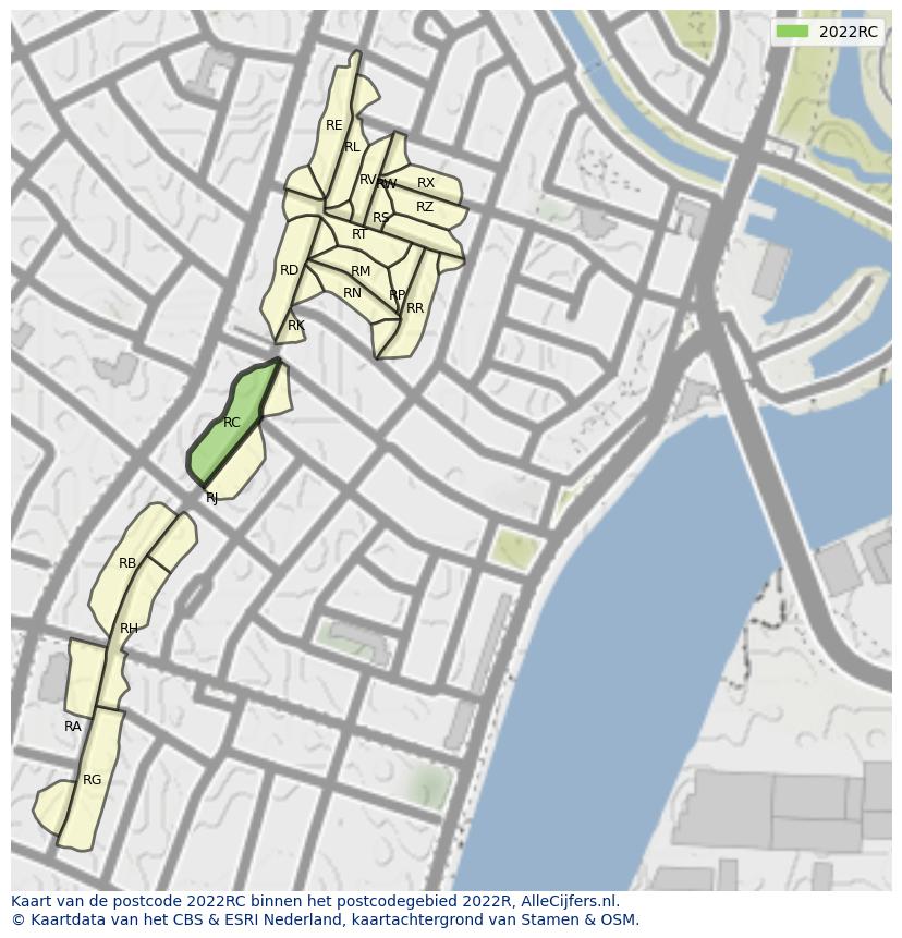 Afbeelding van het postcodegebied 2022 RC op de kaart.