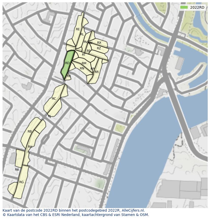 Afbeelding van het postcodegebied 2022 RD op de kaart.